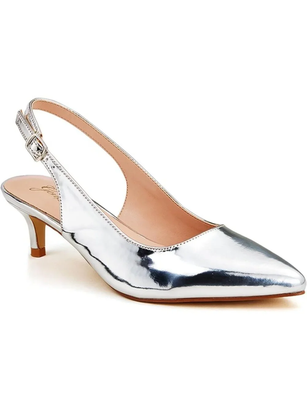 Women's Metallic Silver Slingback Pump Pointed Closed Toe Low Kitten Heel Shoes